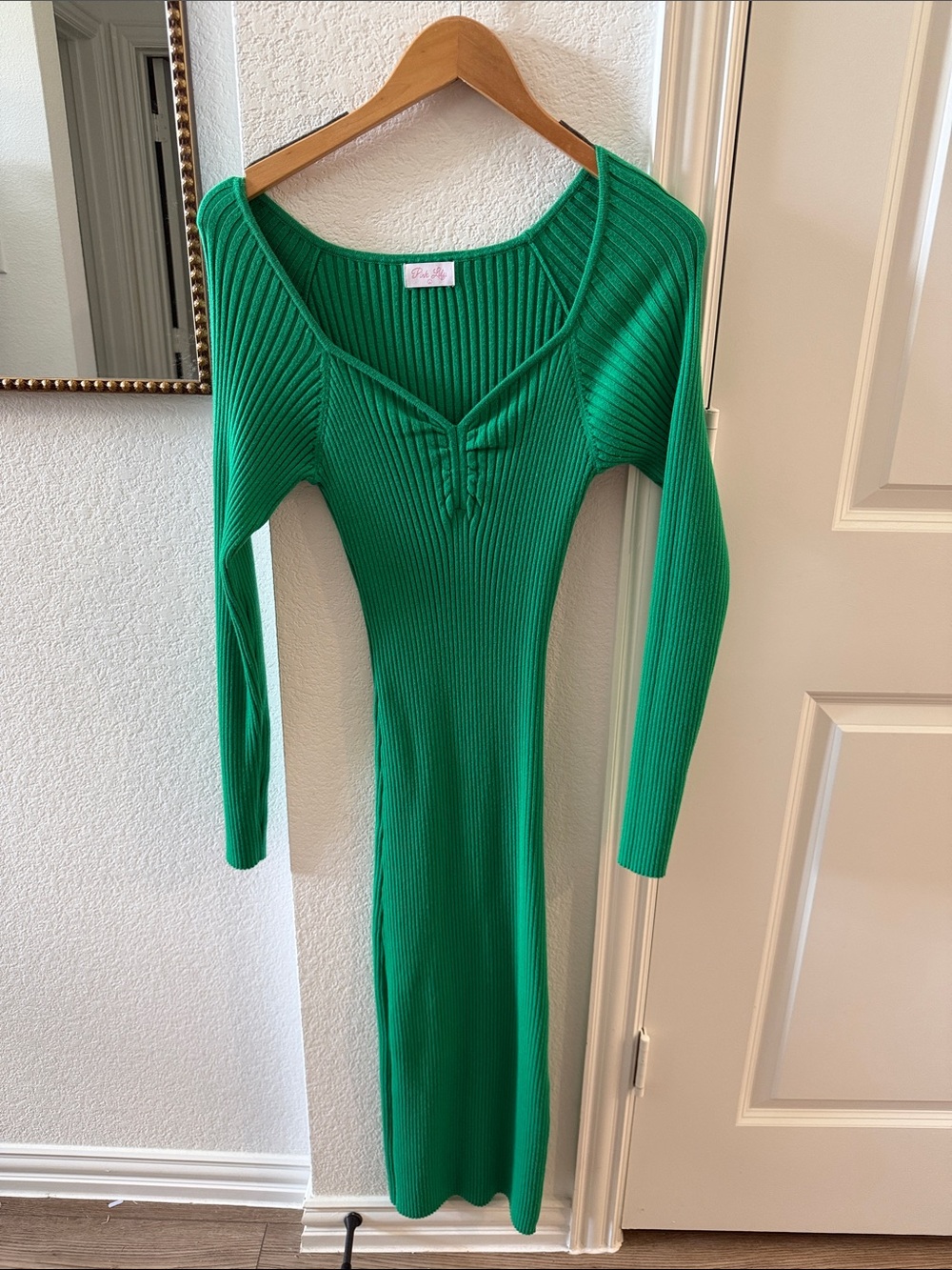Pink Lily Emerald Green Ribbed Long Sleeve Knit Dress